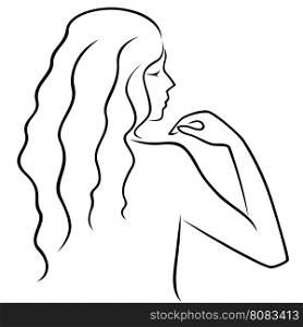 Abstract hand gesticulating women with long locks, view from the back, hand drawing vector outline
