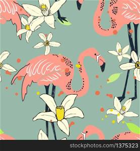 Abstract hand painted seamless animal background. Isolated birds Flamingo tropical pattern with flowers. Vector illustration.. Abstract hand painted seamless animal background. Isolated birds