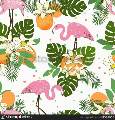 Abstract hand painted seamless animal background. Isolated birds Flamingo tropical pattern with palms, oranges, leaves. Vector illustration.