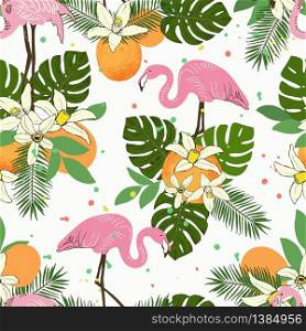 Abstract hand painted seamless animal background. Isolated birds Flamingo tropical pattern with palms, oranges, leaves. Vector illustration.