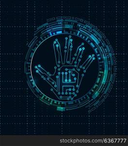 Abstract Hand with Scan, Electronic Technology Background, Circuit Lines, Hud Elements. Abstract Hand with Scan, Electronic Technology Background, Circuit Lines, Hud Elements - Illustration Vector