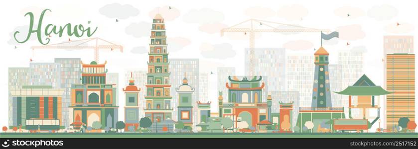 Abstract Hanoi skyline with color landmarks. Vector illustration. Business travel and tourism concept with historic buildings. Image for presentation, banner, placard and web site.