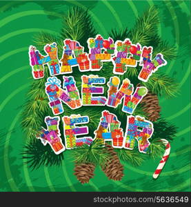 Abstract Happy New Year green background with fir tree branches and pine cones