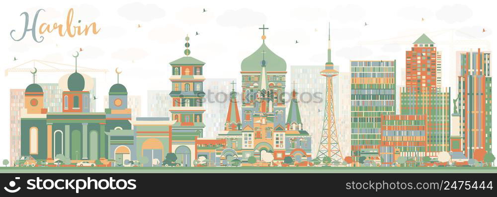 Abstract Harbin Skyline with Color Buildings. Vector Illustration. Business Travel and Tourism Concept with Historic Architecture. Image for Presentation Banner Placard and Web Site.