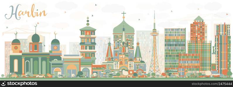 Abstract Harbin Skyline with Color Buildings. Vector Illustration. Business Travel and Tourism Concept with Historic Architecture. Image for Presentation Banner Placard and Web Site.