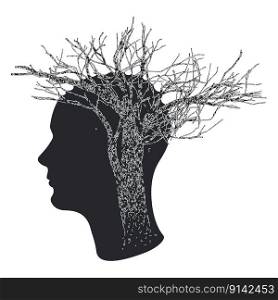 Abstract head with grunge tree, mental health concept.