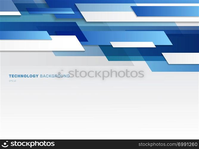 Abstract header blue and white shiny geometric shapes overlapping moving technology futuristic style presentation background with copy space. Vector illustration