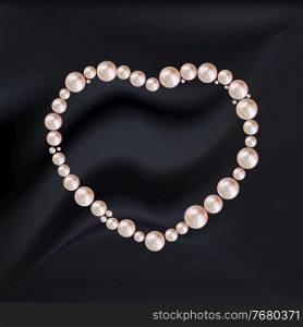 Abstract heart frame of pink pearls on silk black background. Vector Illustration EPS10. Abstract heart frame of pink pearls on silk black background. Vector Illustration