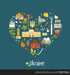 Abstract heart shaped emblem with Ukrainian landmarks, symbols, characters, buildings, food. Vector design in a flat style for print.. Abstract emblem with Ukrainian sight and symbols