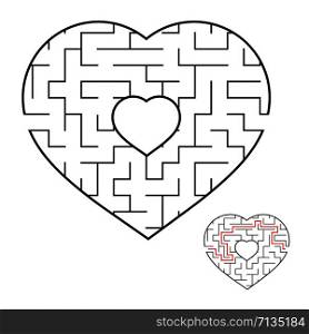 Abstract heart shaped labyrinth. Game for kids and adults. Puzzle for children. Labyrinth conundrum. Flat vector illustration isolated on white background. Love search concept. With answer. Abstract heart shaped labyrinth. Game for kids and adults. Puzzle for children. Labyrinth conundrum. Flat vector illustration isolated on white background. Love search concept. With answer.