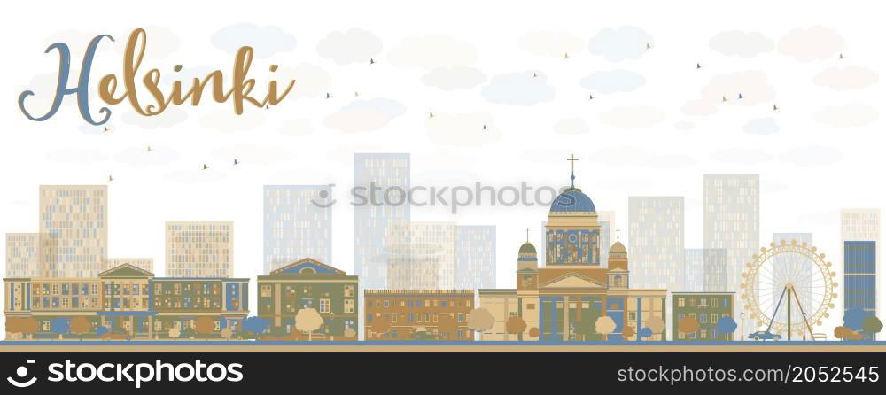 Abstract Helsinki skyline with brown and blue buildings, Finland. Vector Illustration