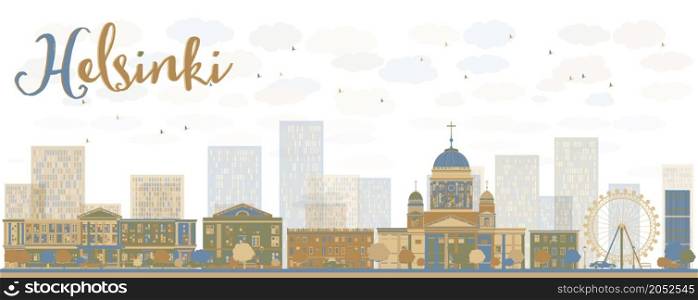 Abstract Helsinki skyline with brown and blue buildings, Finland. Vector Illustration