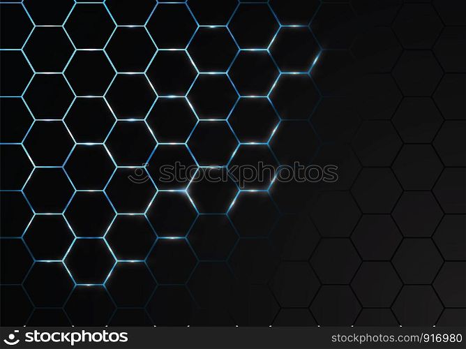 Abstract hexagon mesh blue light energy in black design modern technology futuristic background vector illustration.