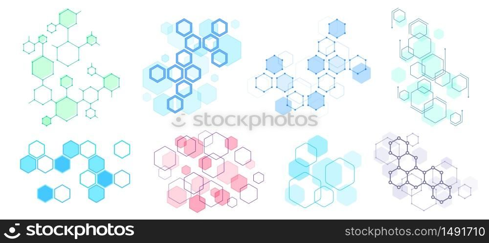 Abstract hexagonal structure. Futuristic composition, geometric hexagon network structures and honeycomb vector illustration set. Hexagon pattern structure, design molecular dna, polygon honeycomb. Abstract hexagonal structure. Futuristic composition, geometric hexagon network structures and honeycomb vector illustration set