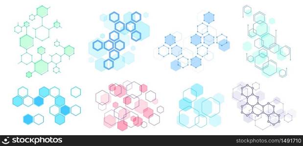 Abstract hexagonal structure. Futuristic composition, geometric hexagon network structures and honeycomb vector illustration set. Hexagon pattern structure, design molecular dna, polygon honeycomb. Abstract hexagonal structure. Futuristic composition, geometric hexagon network structures and honeycomb vector illustration set