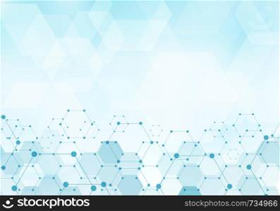 Abstract hexagons pattern molecule on blue background technology digital concept with copy space. Geometric elements for design template modern communications, medicine, science and technology. Vector illustration