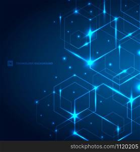 Abstract hexagons with laser light on dark blue background technology futuristic communication innovation concept. Vector illustration