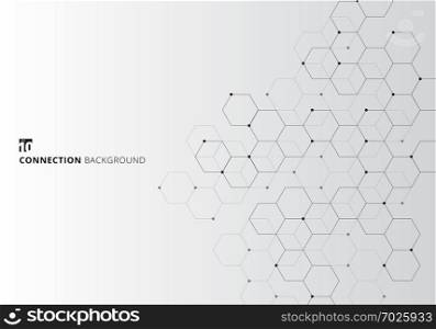 Abstract hexagons with nodes digital geometric with black lines and dots on white background. Technology connection concept. Vector illustration