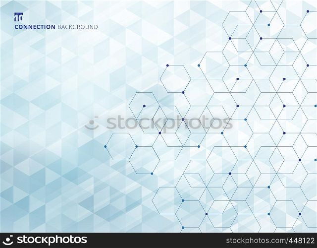 Abstract hexagons with nodes digital geometric with lines and dots geometric triangles pattern light blue color background and texture. Technology connection concept. Vector illustration