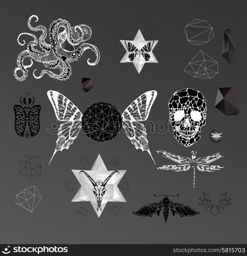 Abstract hipster element, drawn by hand illustration with polygon, crystal design element, symbol, sign for tattoo