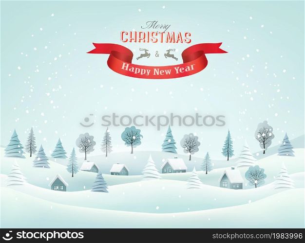 Abstract Holiday Christmas and Happy New Year background with a winter village and christmas trees. Vector.