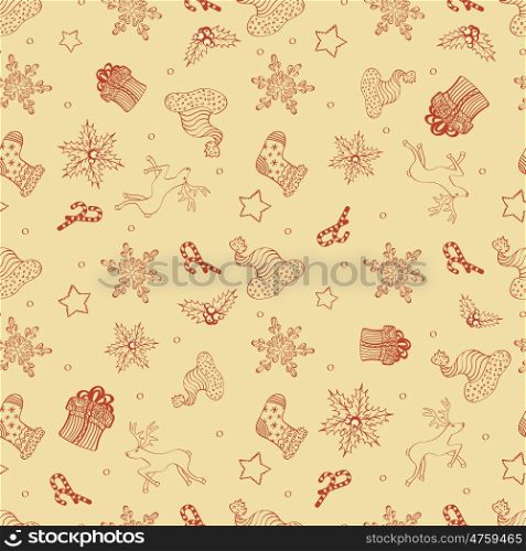Abstract Holiday Christmas Cute Design Seamless Pattern With Gift, Santa's Hat, Stars And Snowflakes