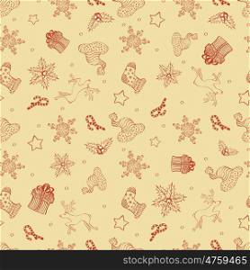 Abstract Holiday Christmas Cute Design Seamless Pattern With Gift, Santa's Hat, Stars And Snowflakes