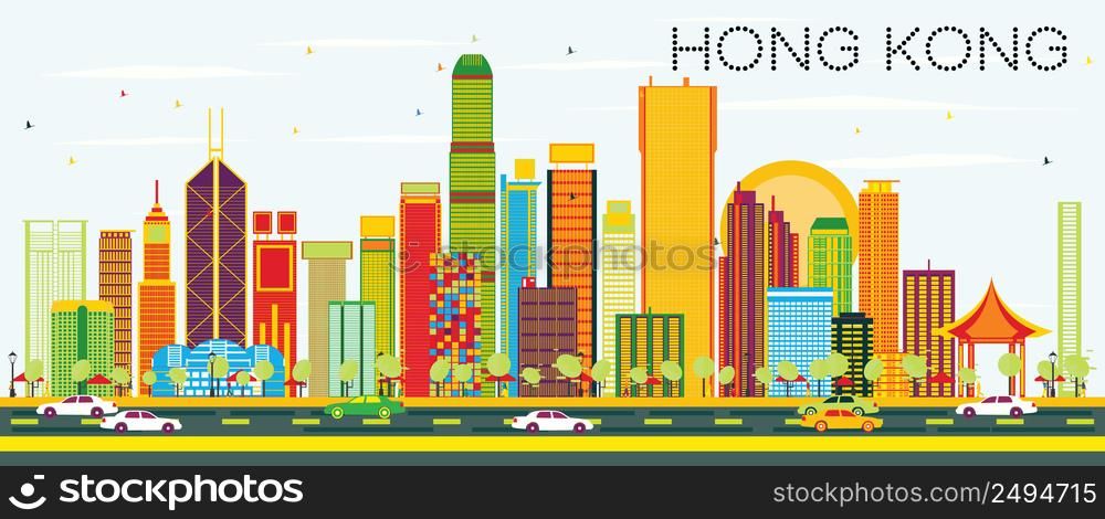 Abstract Hong Kong Skyline with Color Buildings and Blue Sky. Vector Illustration. Business Travel and Tourism Concept with Modern Architecture. Image for Presentation Banner Placard and Web Site.