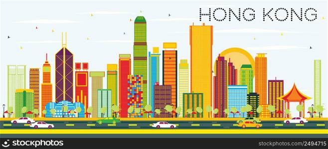 Abstract Hong Kong Skyline with Color Buildings and Blue Sky. Vector Illustration. Business Travel and Tourism Concept with Modern Architecture. Image for Presentation Banner Placard and Web Site.
