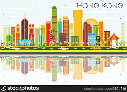 Abstract Hong Kong Skyline with Color Buildings, Blue Sky and Reflections. Vector Illustration. Business Travel and Tourism Concept with Modern Architecture. Image for Presentation Banner Placard and Web Site.