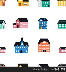 Abstract houses pattern. Seamless print of cute hand drawn buildings with tiny doors windows and wall bricks. Flat town buildings modern texture, vector cartoon isolated elements on white background. Abstract houses pattern. Seamless print of cute hand drawn buildings with tiny doors windows and wall bricks. Flat town buildings modern texture, vector cartoon isolated elements