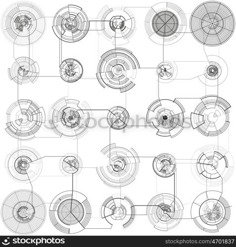 Abstract hud elements on white background. High tech motion design, round interfaces, connecting system. Science and technology concept. Futuristic vector decoration