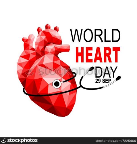 Abstract human heart polygonal style with stethoscope. World heart day, health care concept. Illustration isolated on white background.