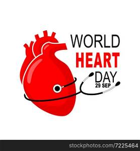 Abstract human heart with stethoscope. World heart day, health care concept. Illustration isolated on white background.