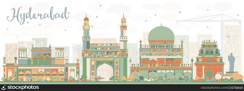 Abstract Hyderabad Skyline with Color Landmarks. Vector Illustration. Business Travel and Tourism Concept with Historic Buildings. Image for Presentation Banner Placard and Web Site.