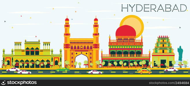 Abstract Hyderabad Skyline with Color Landmarks. Vector Illustration. Business Travel and Tourism Concept with Historic Architecture. Image for Presentation Banner Placard and Web Site.