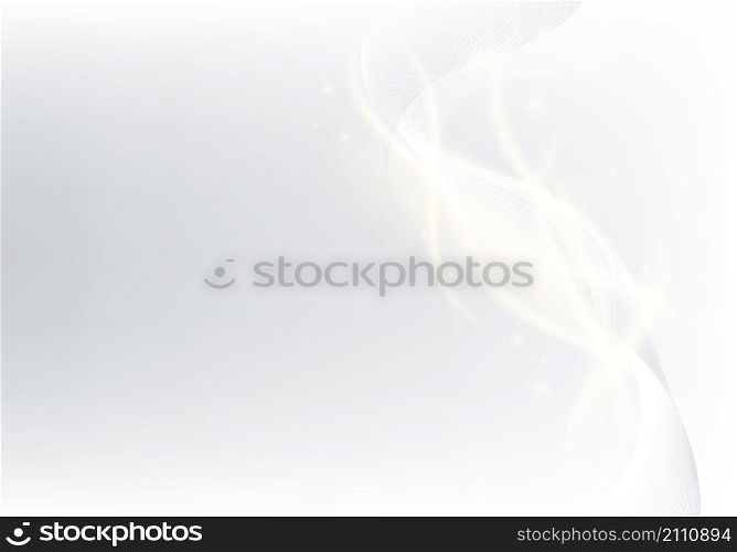 Abstract illuminated shiny wavy light lines with dots particles on white background. Vector illustration