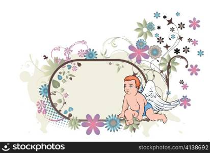 abstract illustration of a floral frame with grunge and angel