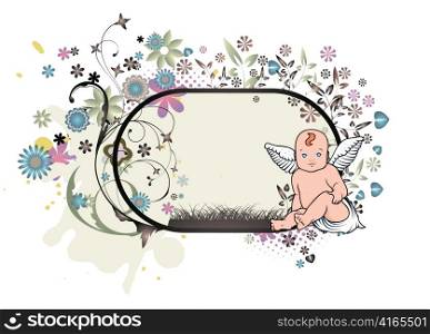 abstract illustration of a floral frame with grunge and angel