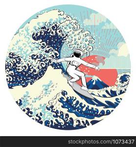 Abstract illustration of spaceman surfer and big ocean waves, modern retro style design.