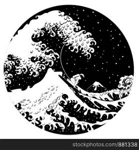 Abstract illustration of spaceman surfer and big ocean waves, modern retro style design.