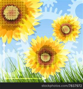 Abstract illustration of sunflowers and gearsagainst summer landscape drawn in cartoon style