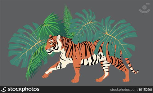 Abstract illustration of walking red tiger and tropical leaves design