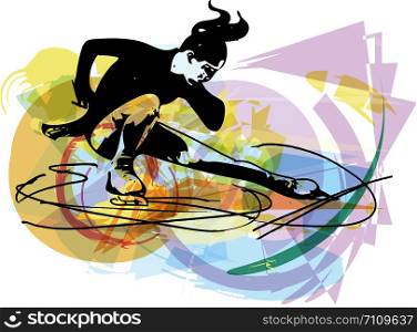 abstract illustration of woman ice skater skating at colorful sports arena