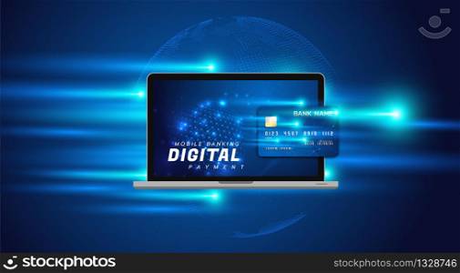 Abstract illustration with a credit card entering through a laptop's screen. Internet banking concept