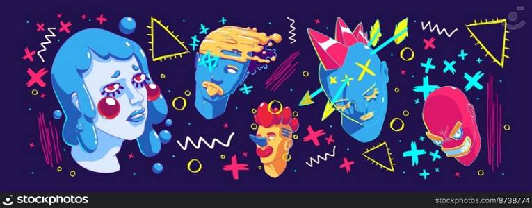 Abstract illustration with contemporary portraits, modern vector design. Creative surreal art of male and female characters faces with strange hairstyle and doodle elements, Cartoon linear graphics. Abstract illustration with contemporary portraits