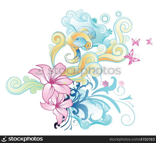 abstract illustration with floral, bird and butterflies