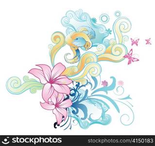 abstract illustration with floral, bird and butterflies