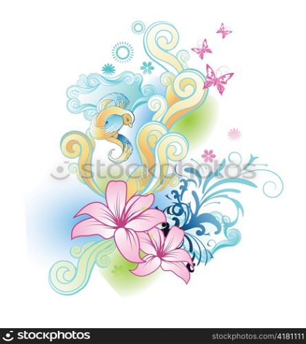 abstract illustration with floral, circles and butterflies