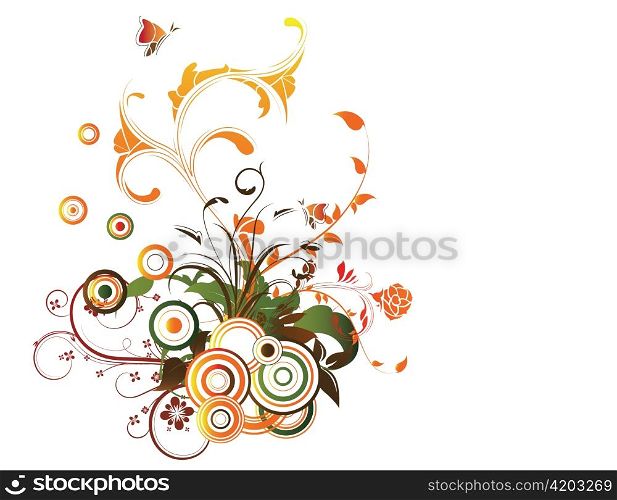 abstract illustration with floral, circles and butterfly